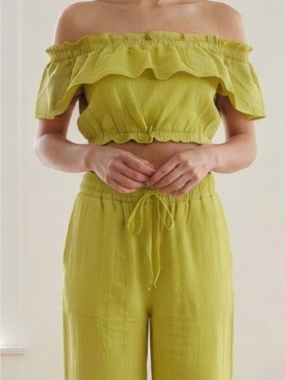 hers & mine Chartreuse Ruffle Off-Shoulder Top & Wide-Leg Pant Set - Size S NWT